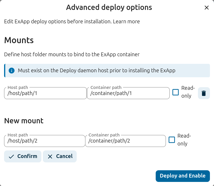 AppAPI Deploy options modal showing mounts configuration