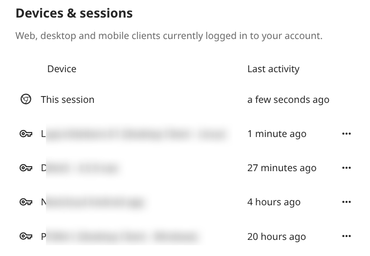 List of browser and device sessions.